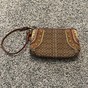 Coach Signature Brown Canvas & Leather Trim Studded Wristlet/Zipper Wallet